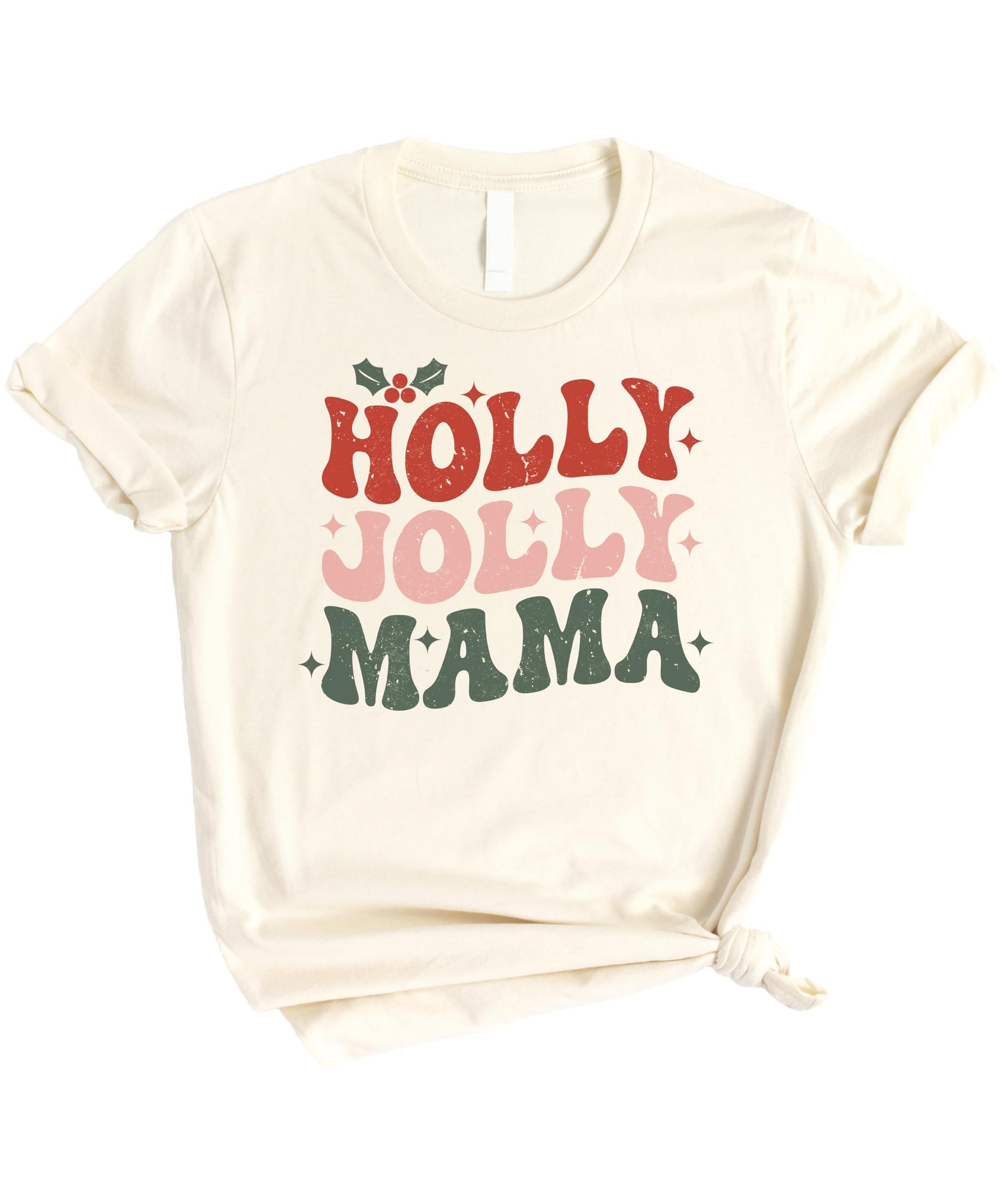 Mom and daughter wearing matching Holly Jolly Mistletoe Christmas t-shirts for holiday photos
