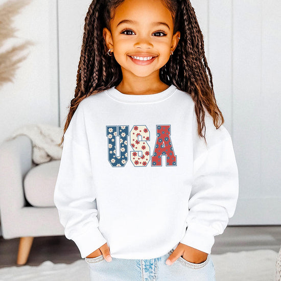 Floral USA white sweatshirt displayed showing full graphic print detail for women and teens