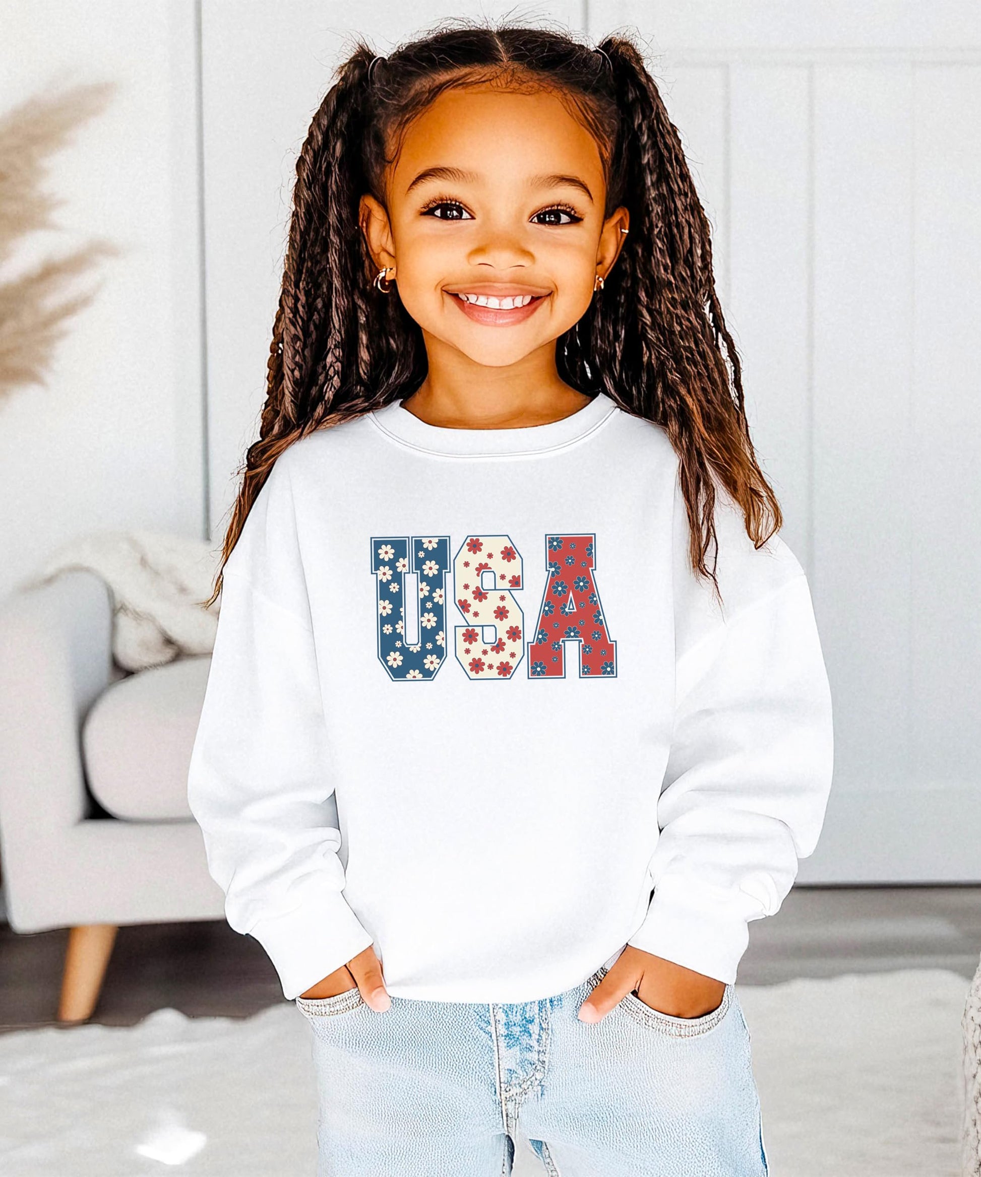 Floral USA white sweatshirt displayed showing full graphic print detail for women and teens
