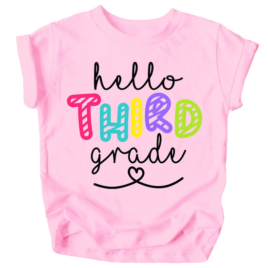 Kids pink Hello 3rd Grade graphic tee perfect for first day of school back to school outfit