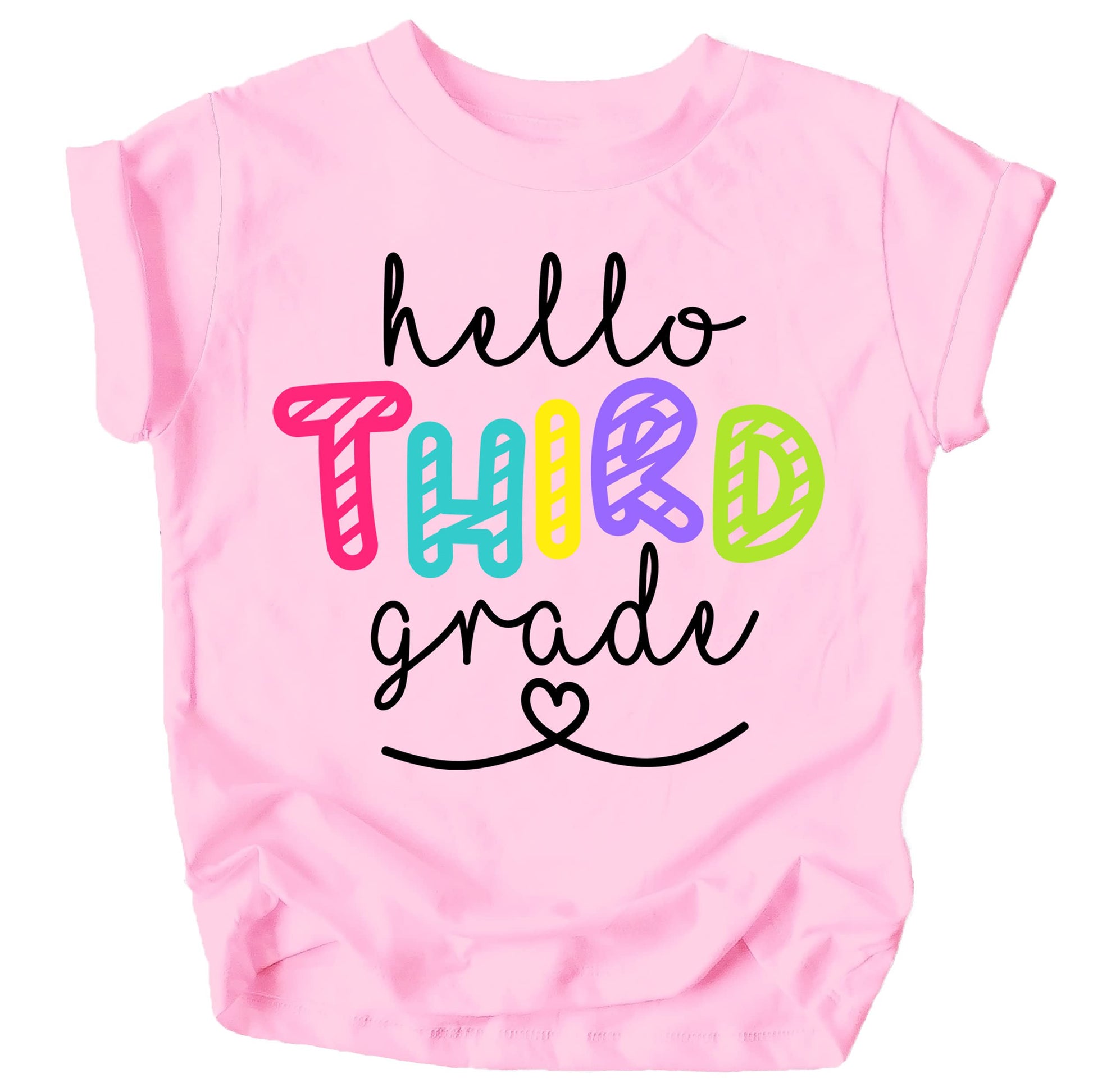 Kids pink Hello 3rd Grade graphic tee perfect for first day of school back to school outfit