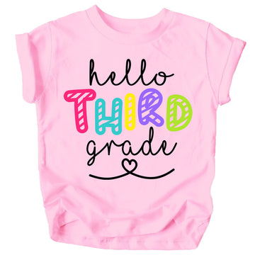 Kids pink Hello 3rd Grade graphic tee perfect for first day of school back to school outfit