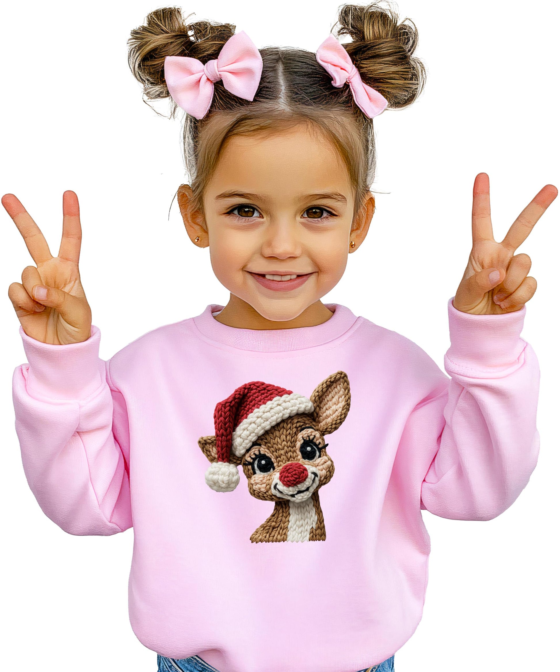 Side or lifestyle view of white holiday reindeer sweatshirt with festive yarn patch print