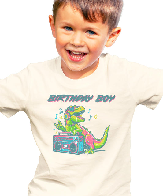 Front view of DJ Dino birthday boy shirt for kids featuring colorful dinosaur graphic