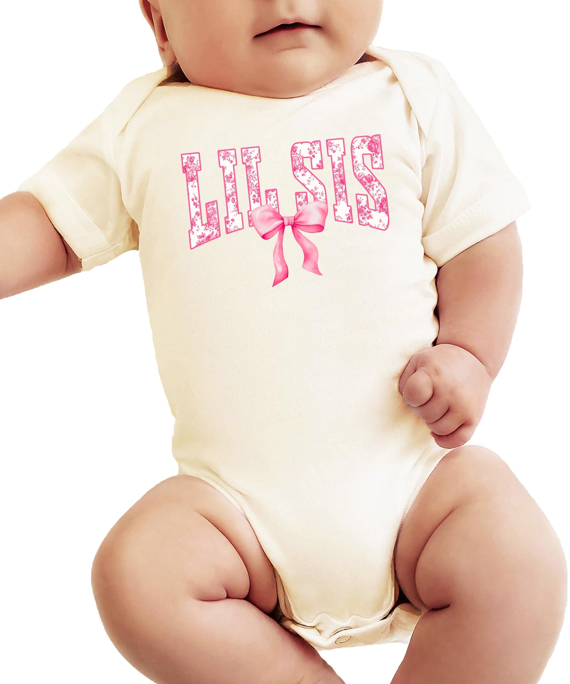 Natural baby bodysuit with floral 'Lil Sis' lettering and pink bow accent for little sister