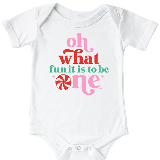 Front view of festive baby bodysuit for girls first Christmas birthday celebration