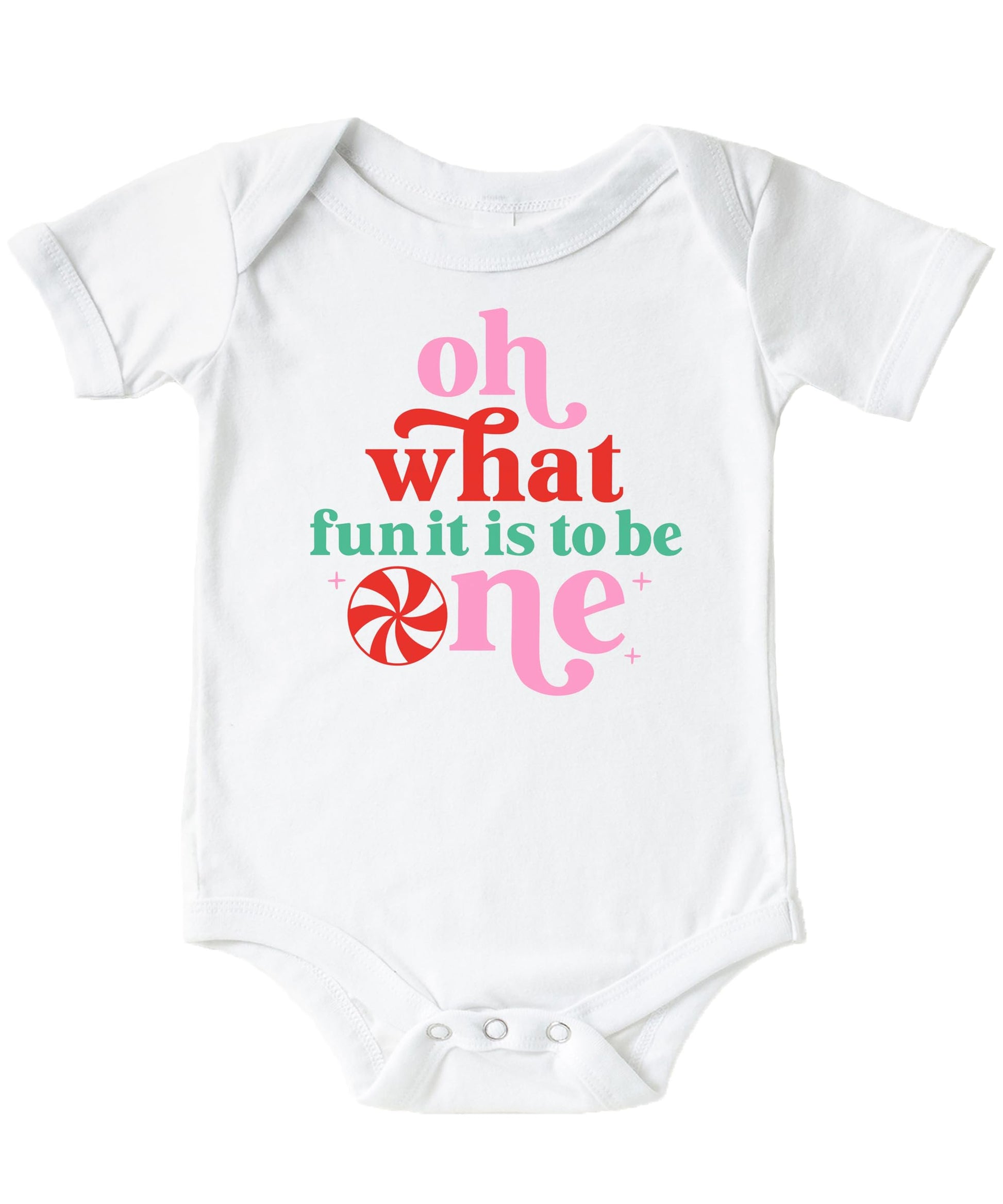 Front view of festive baby bodysuit for girls first Christmas birthday celebration