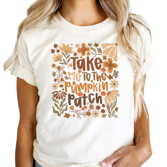 Take Me to The Pumpkin Patch shirt lifestyle photo showing fall seasonal styling