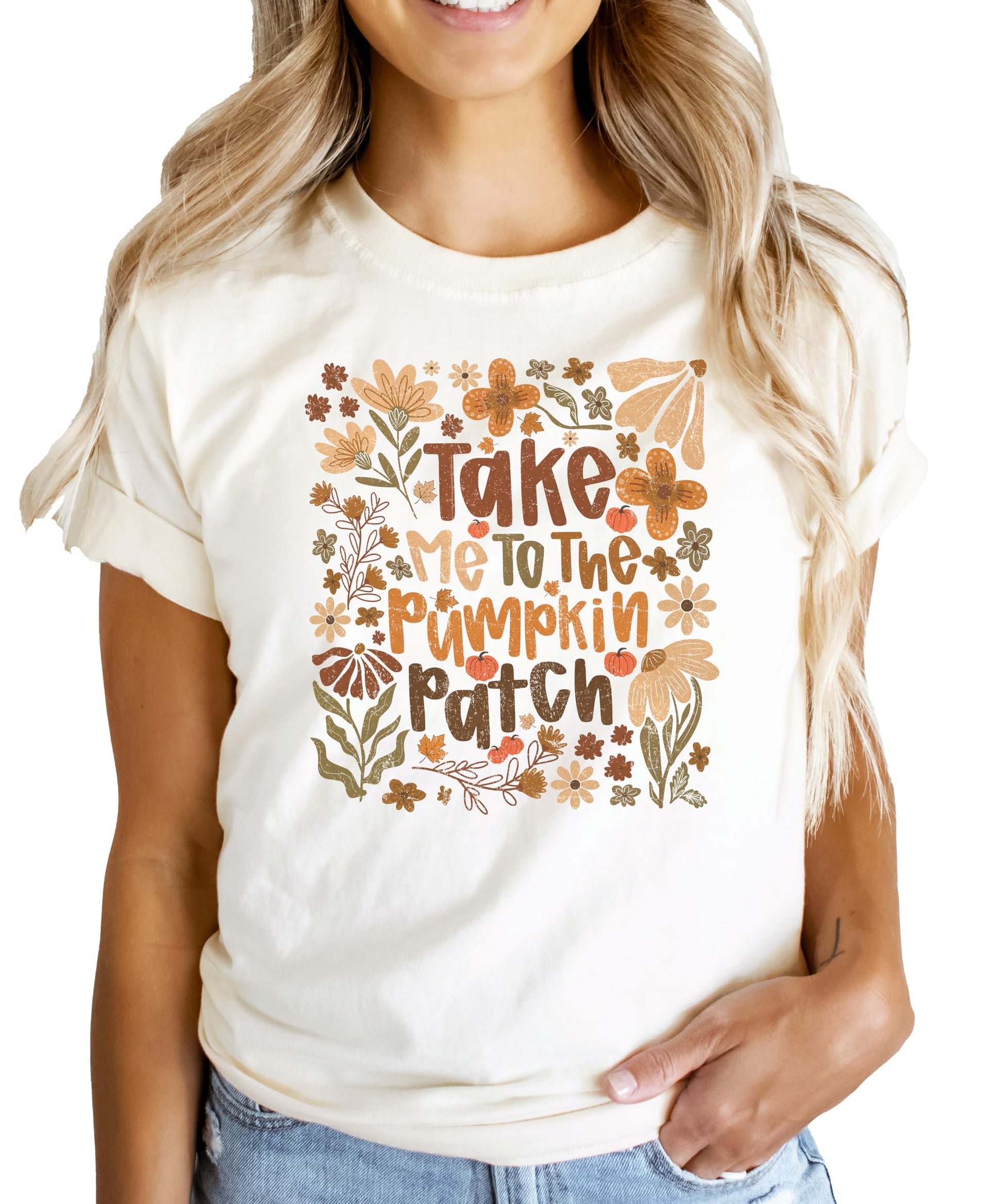 Take Me to The Pumpkin Patch shirt lifestyle photo showing fall seasonal styling