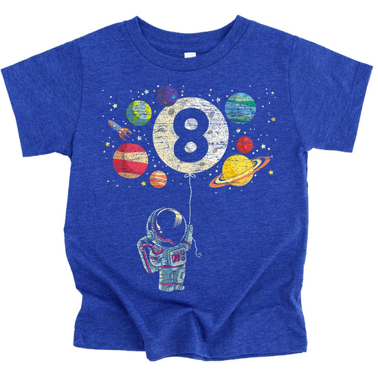 8th birthday astronaut shirt for boys and girls laid flat showing full graphic print