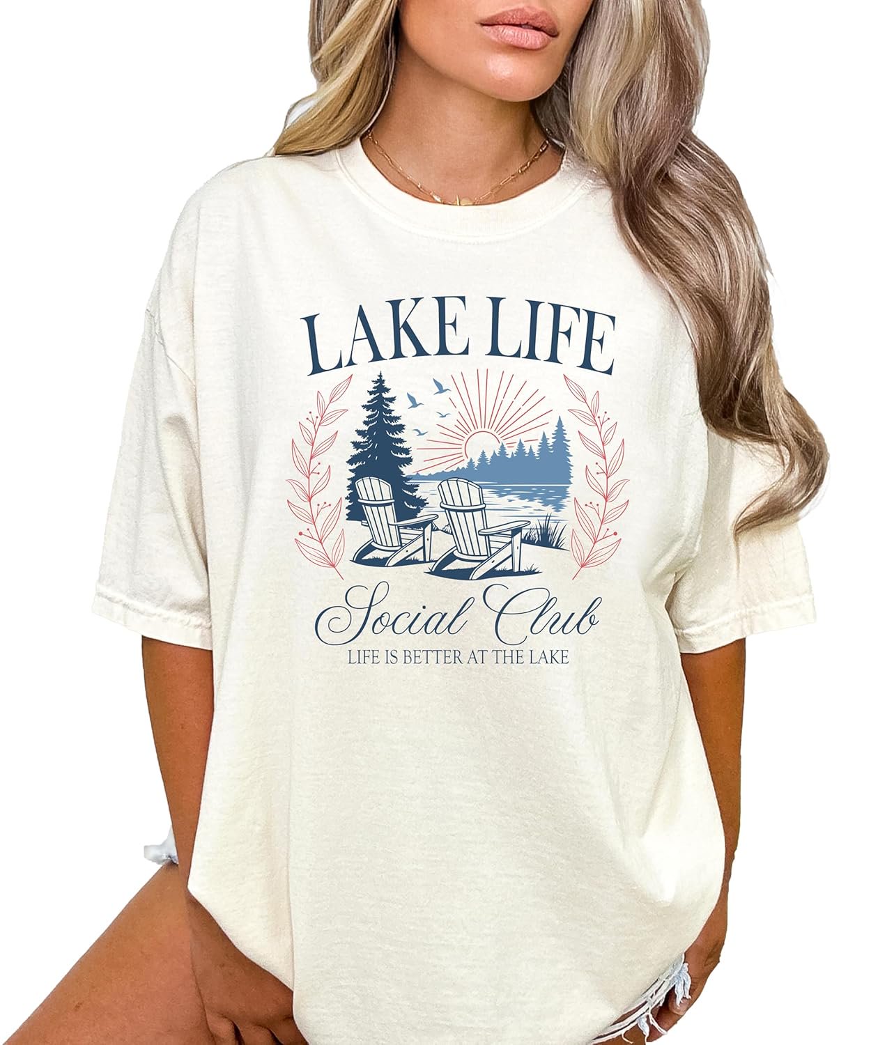 Woman wearing Lake Life Social Club graphic tee styled with jeans in casual summer outfit