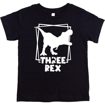 Close-up of Three Rex dinosaur birthday shirt design with colorful graphics
