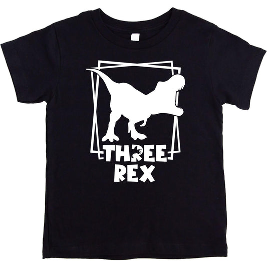 Close-up of Three Rex dinosaur birthday shirt design with colorful graphics
