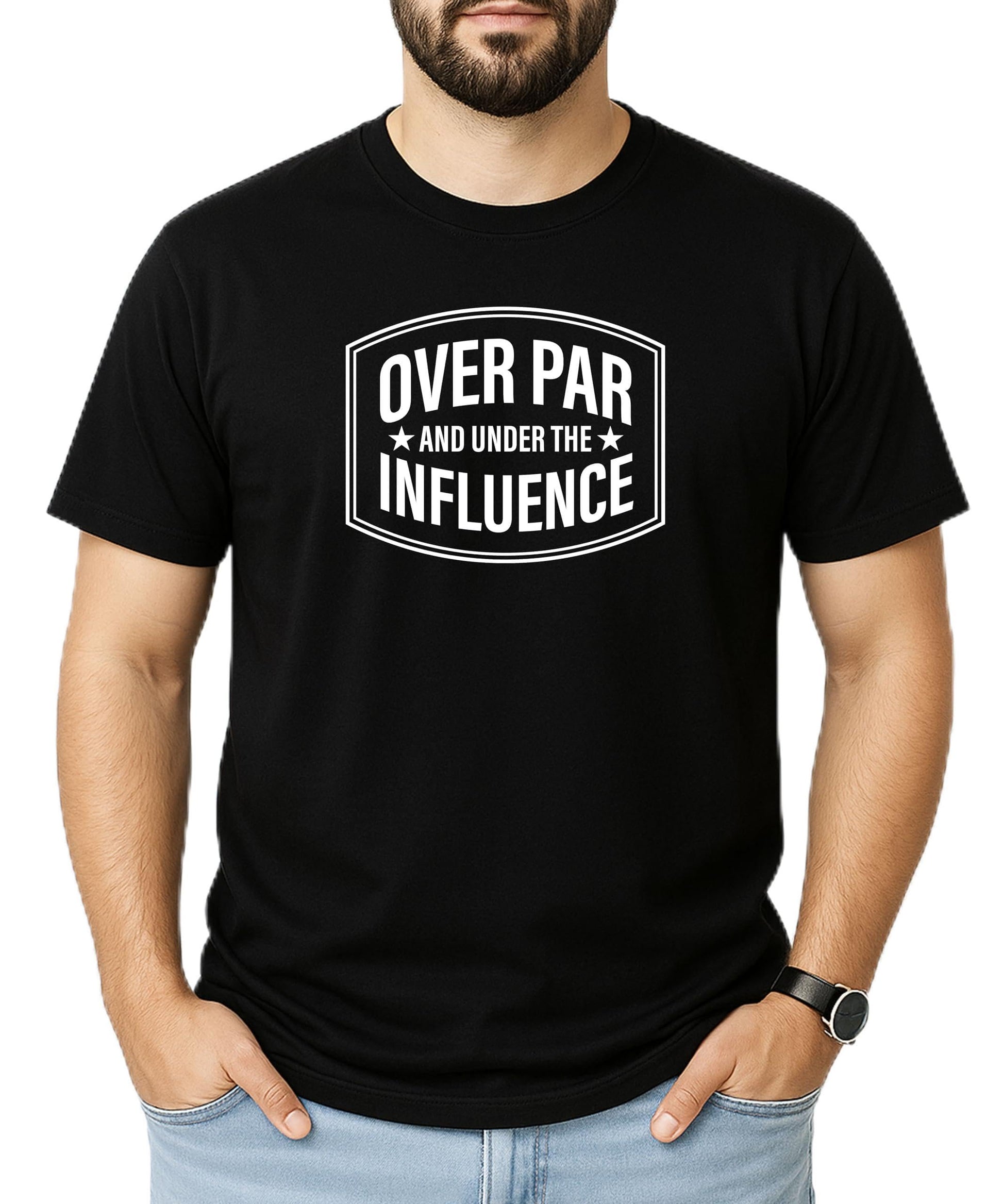 Men's funny golf t-shirt with Over Par and Under the Influence graphic design
