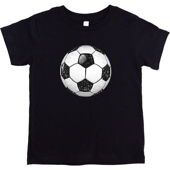 Girls black tee with faux glitter soccer ball graphic design printed on the front