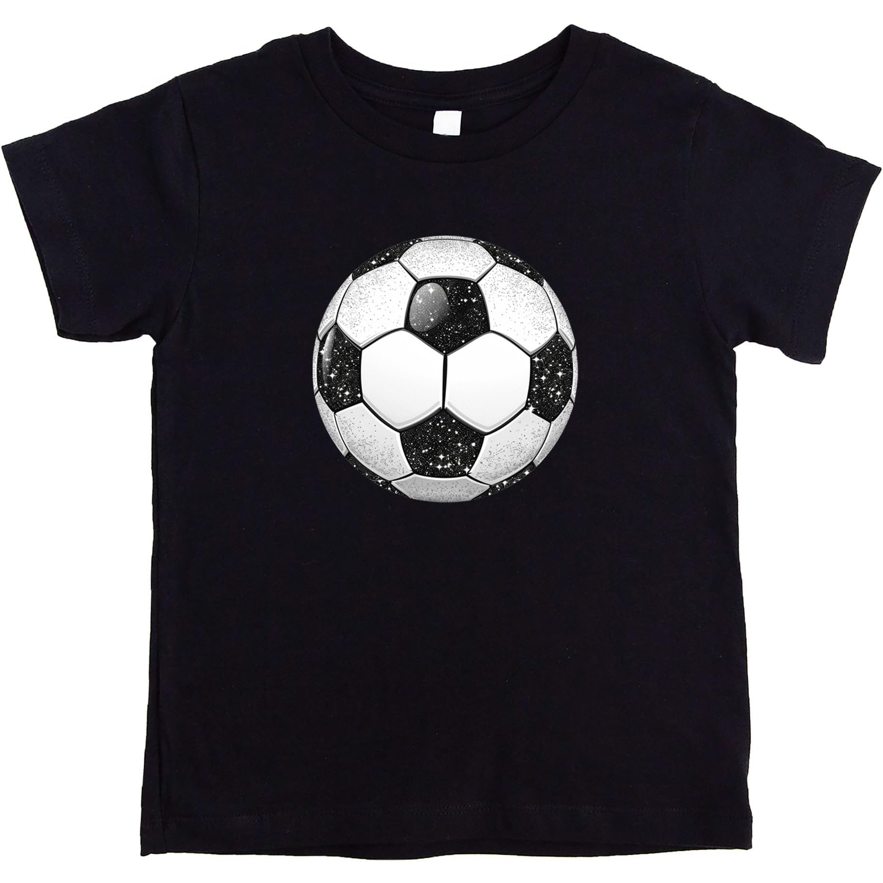 Girls black tee with faux glitter soccer ball graphic design printed on the front