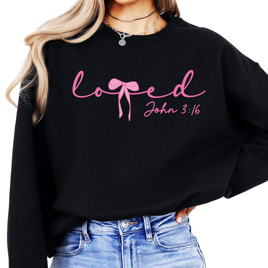 Youth or toddler girl wearing white Loved John 3:16 pink bow Valentine's sweatshirt