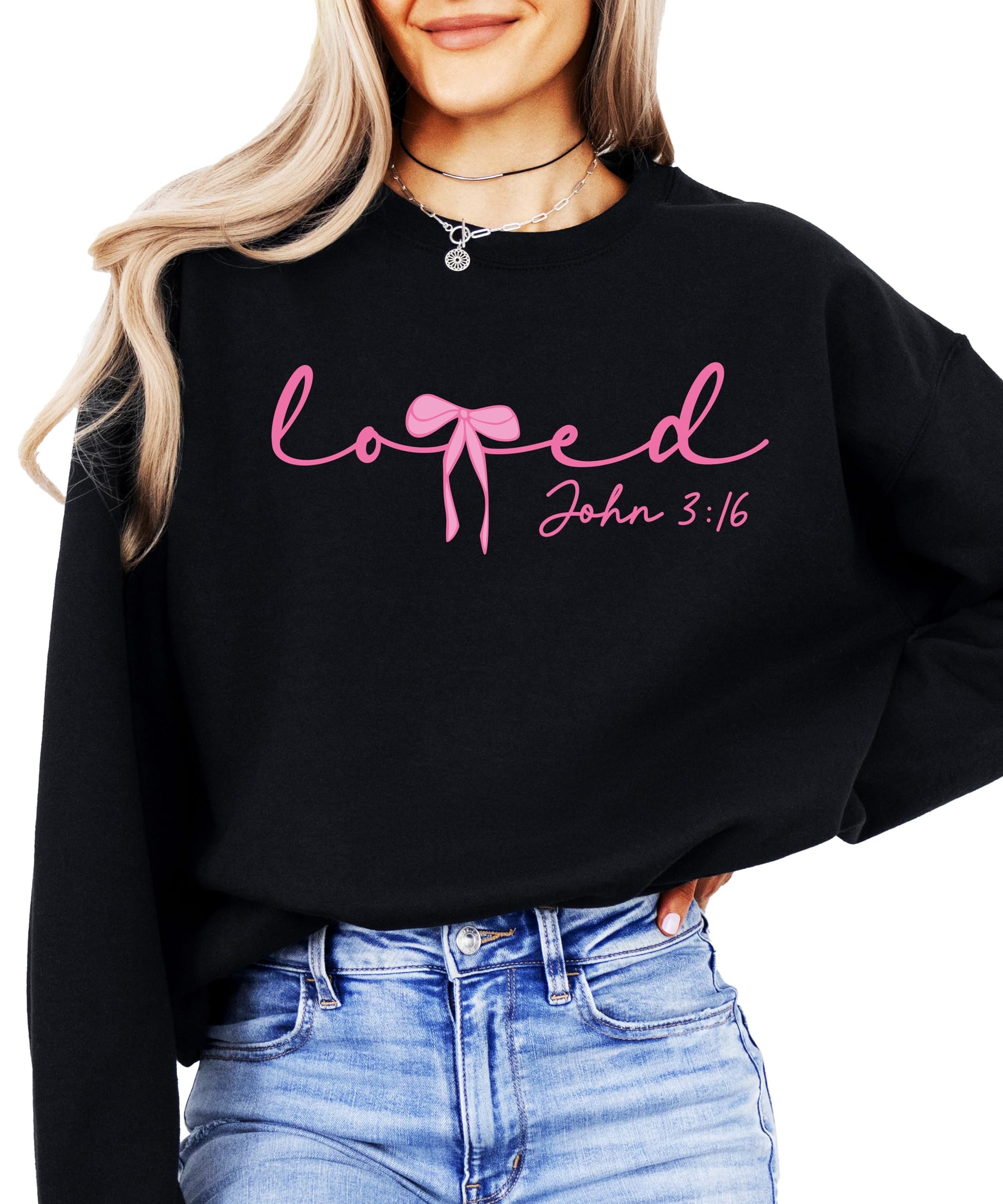 Youth or toddler girl wearing white Loved John 3:16 pink bow Valentine's sweatshirt