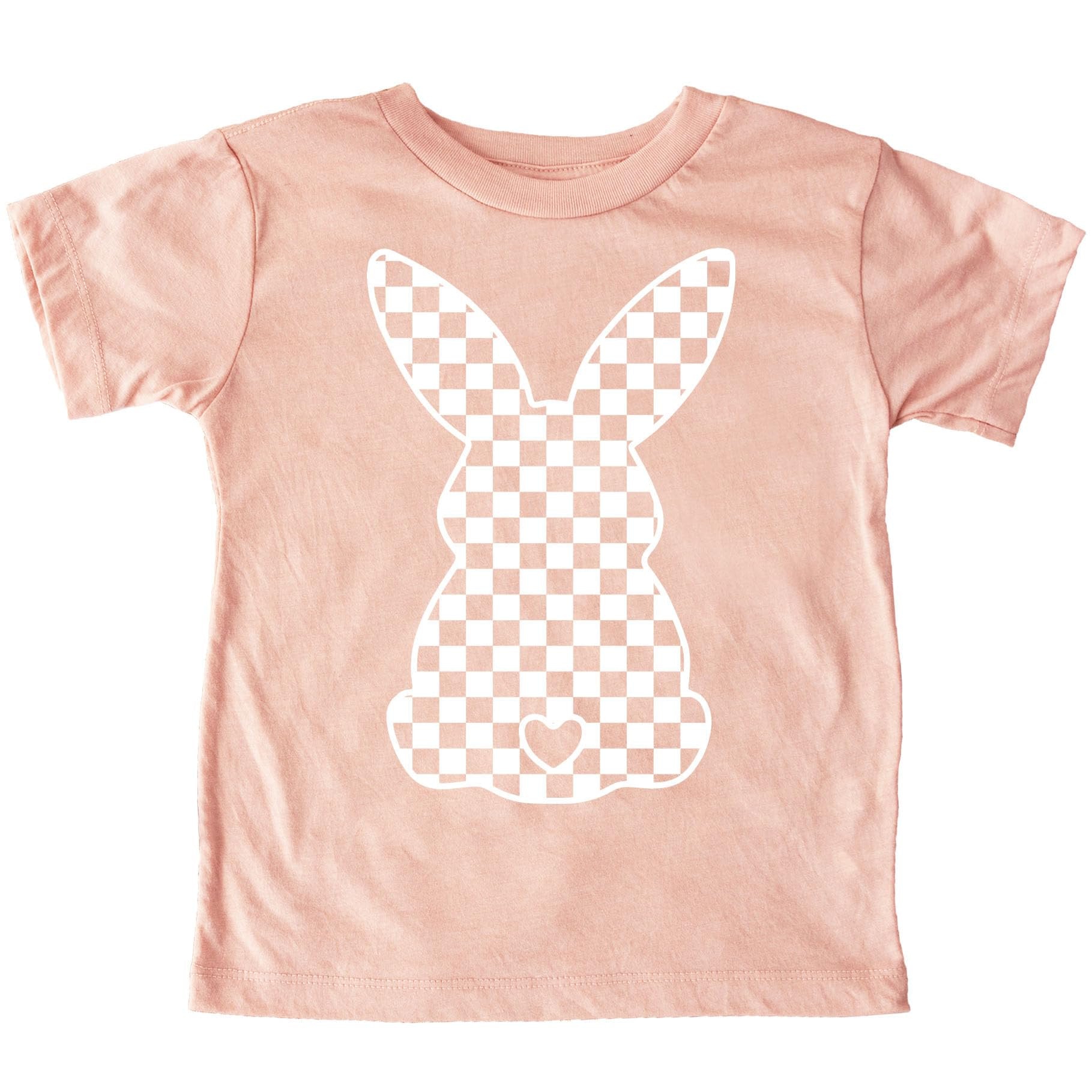 Front view of girls cute bunny checkered Easter shirt in peach