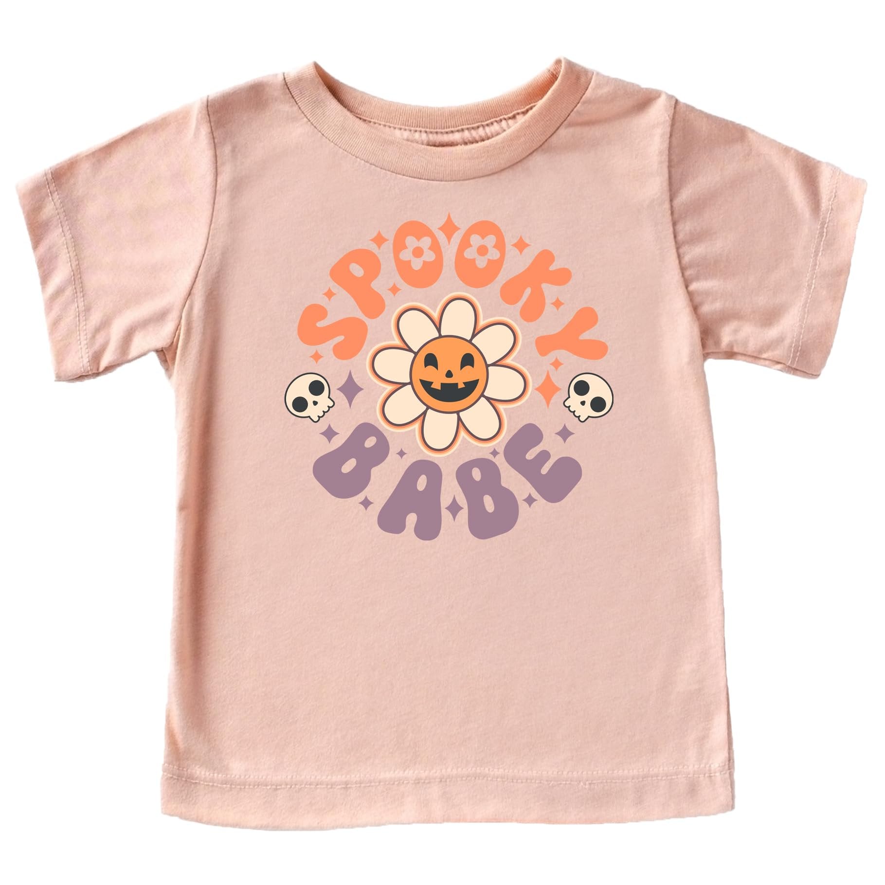 Close-up of Spooky Babe Daisy Pumpkin Halloween print on girls peach graphic tee