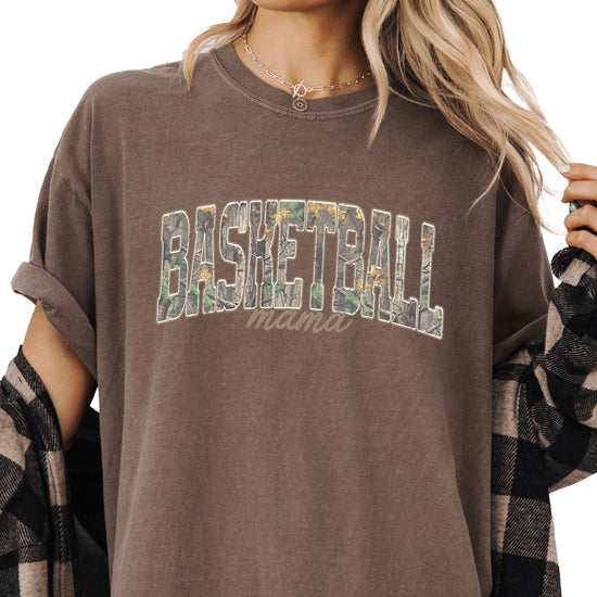 Adult women's Basketball Mama camo graphic tee, game day sports mom shirt