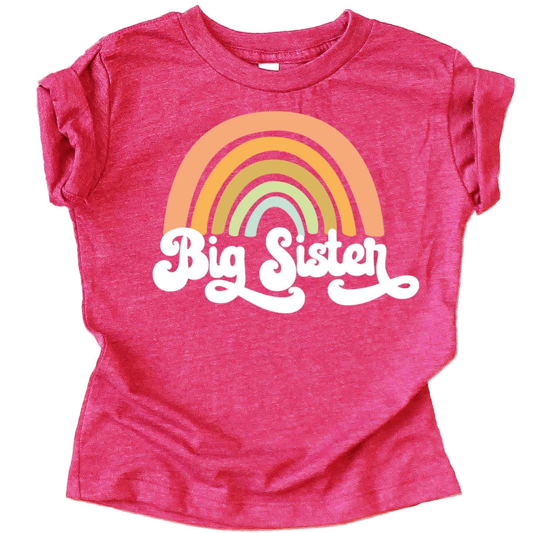 Detail shot of retro rainbow Big Sister sibling announcement shirt showing print quality and color