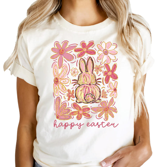 Women's peach Easter graphic tee featuring a whimsical flower bunny design — Olive Loves Apple