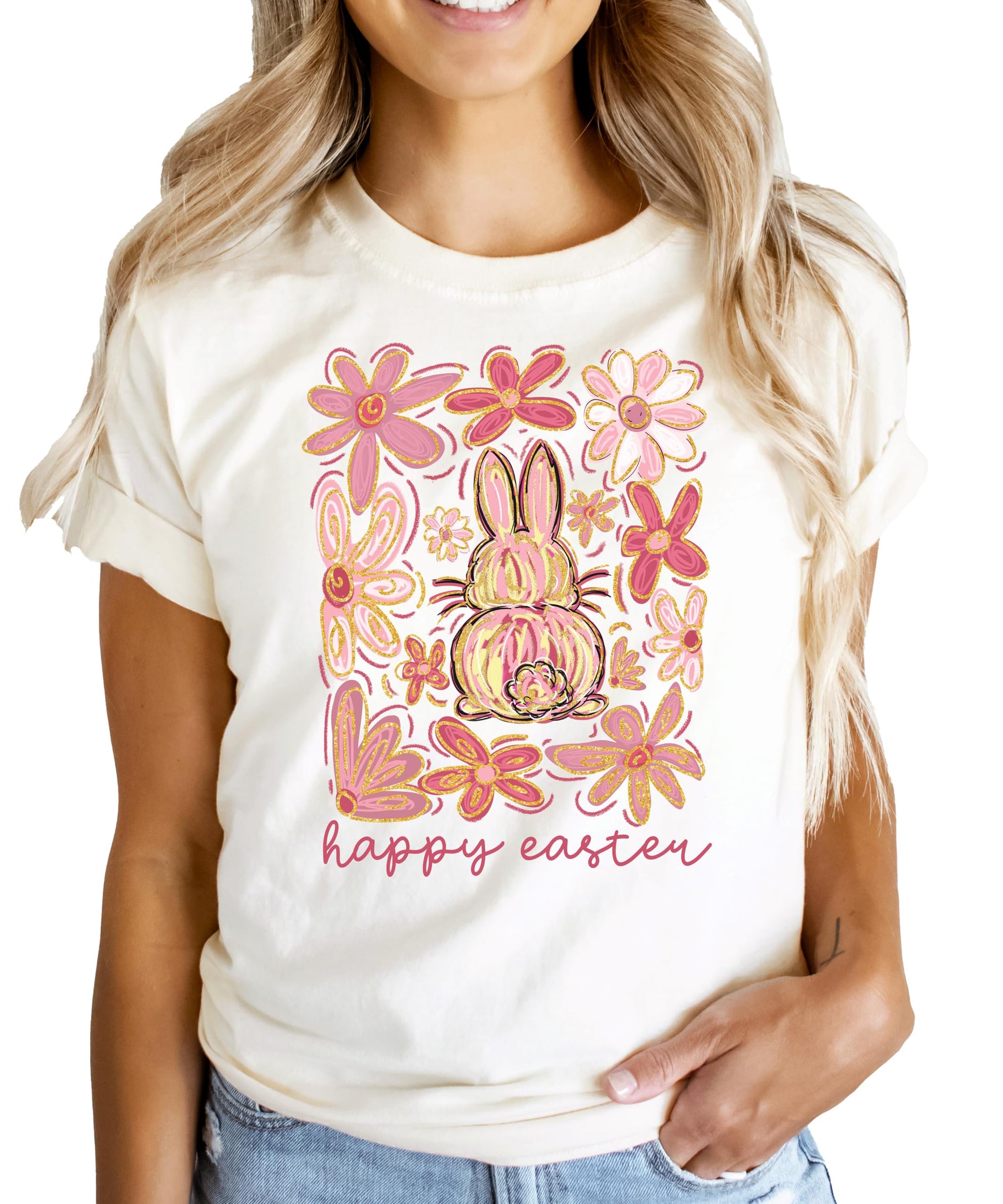 Women's peach Easter graphic tee featuring a whimsical flower bunny design — Olive Loves Apple