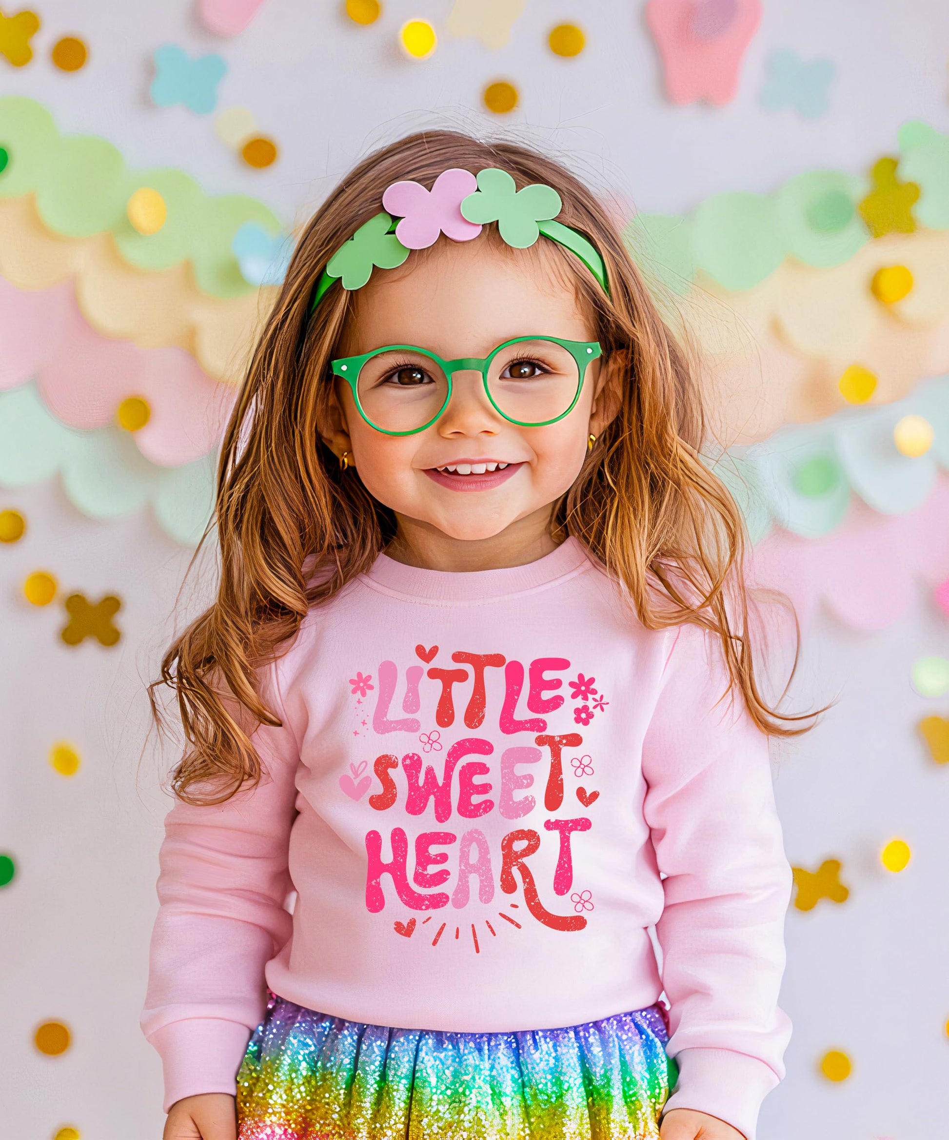 Side or detail view of cozy pink girls' Valentine sweatshirt from Olive Loves Apple