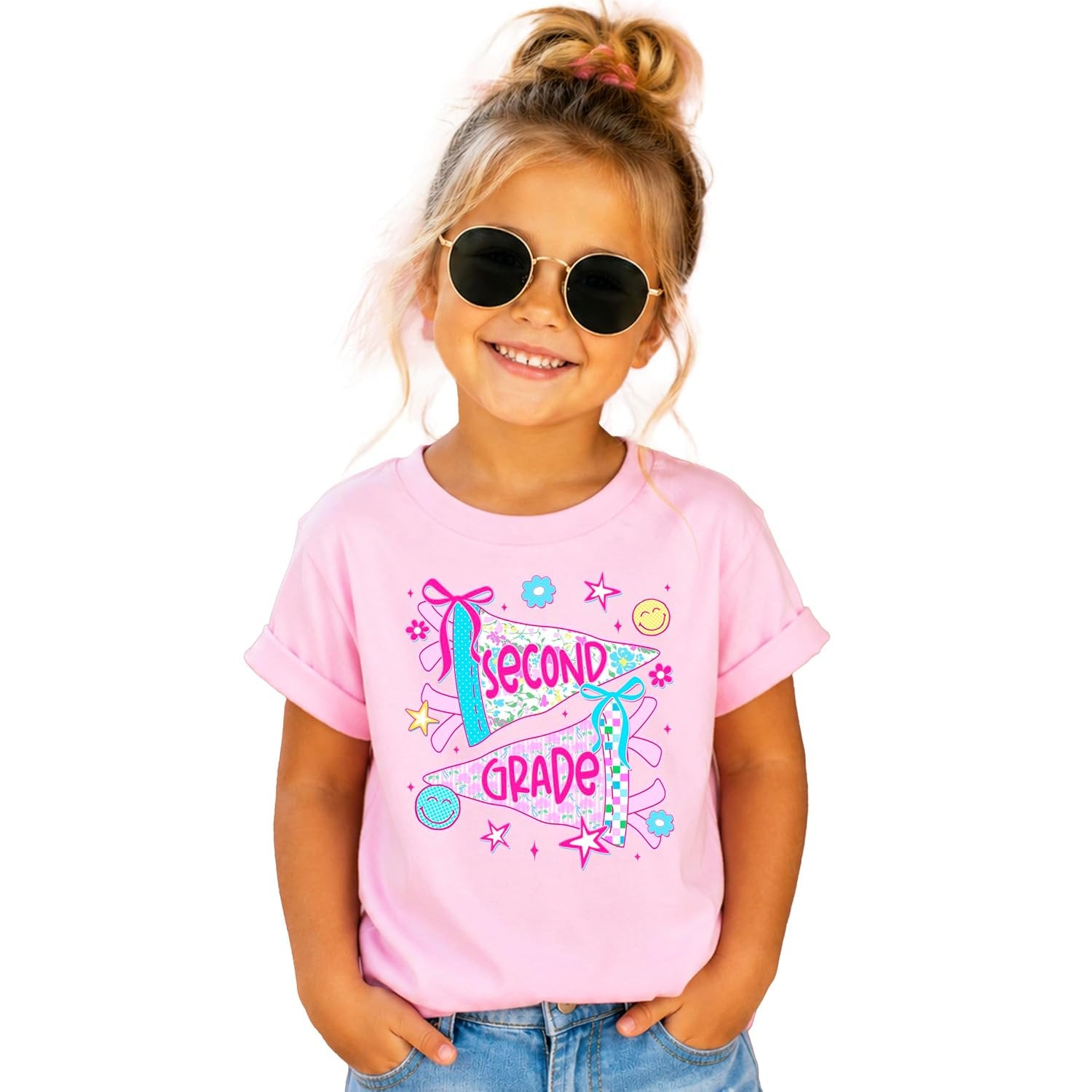 Front view of second grade back to school shirt for girls featuring vintage pennant flags and ditsy florals