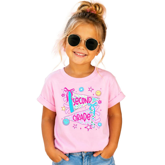 Front view of second grade back to school shirt for girls featuring vintage pennant flags and ditsy florals