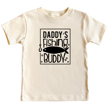 Toddler wearing Daddy's Fishing Buddy fishing graphic tee, casual outdoor style