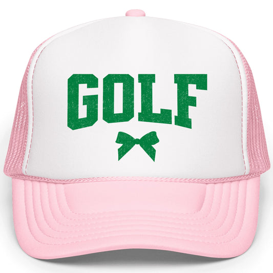 Golf and Green Coquette Bow Graphic Trucker Hat Foam Front Classic 5 Panel Mesh Snapback