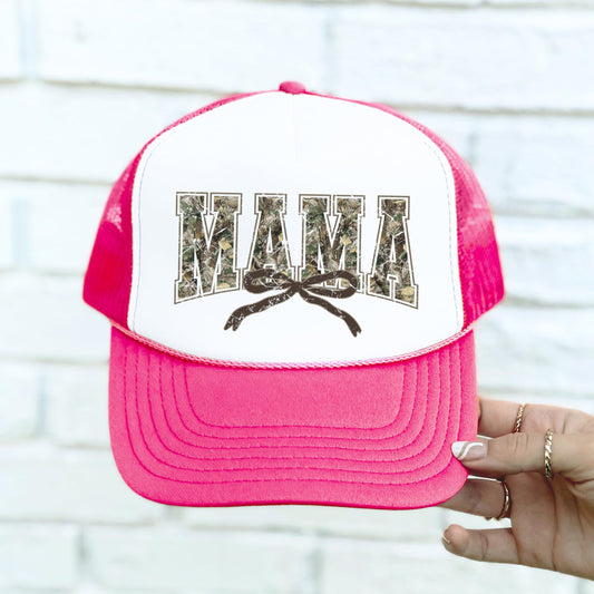 Mama Distressed Camo Trucker Hat Coquette Bow Classic 5 Panel Foam Front Mesh Snapback