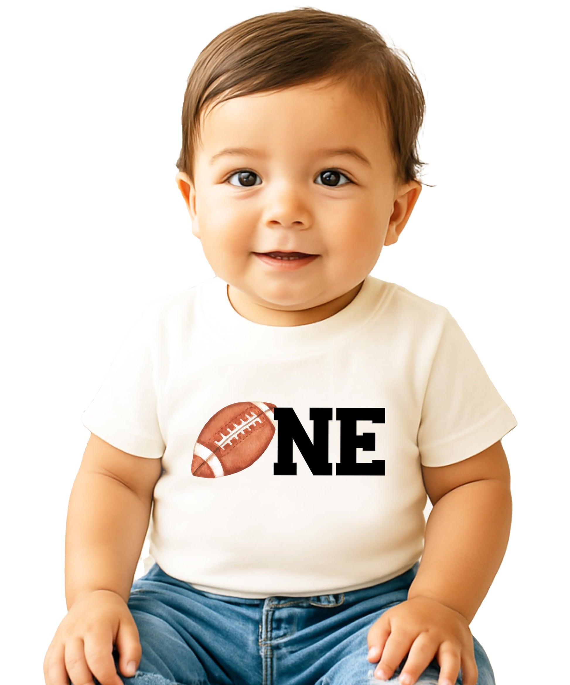 Family matching football first birthday shirts displayed together