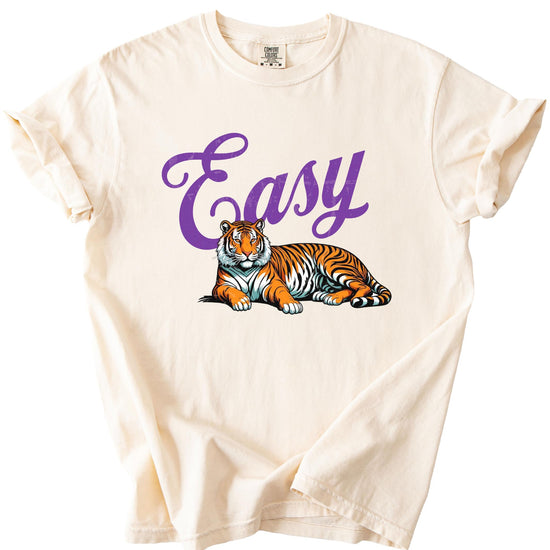 Easy Tiger graphic tee side or back view on ivory women's shirt with tiger and purple text design