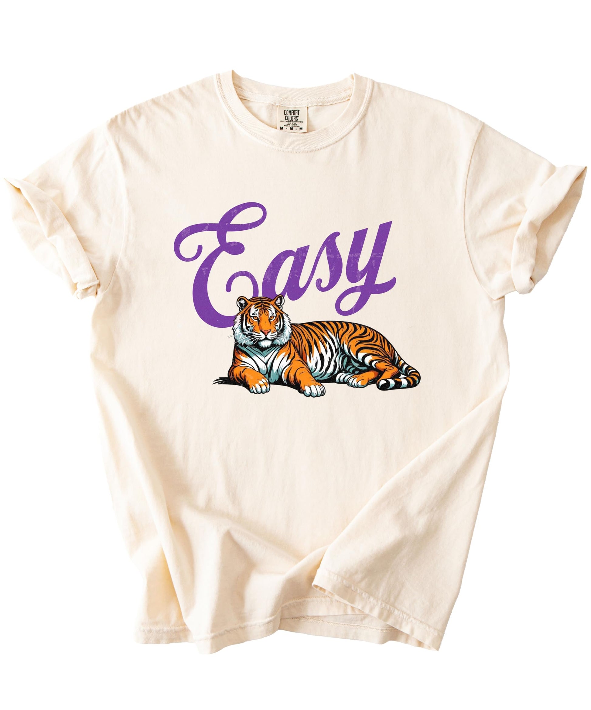 Easy Tiger graphic tee side or back view on ivory women's shirt with tiger and purple text design