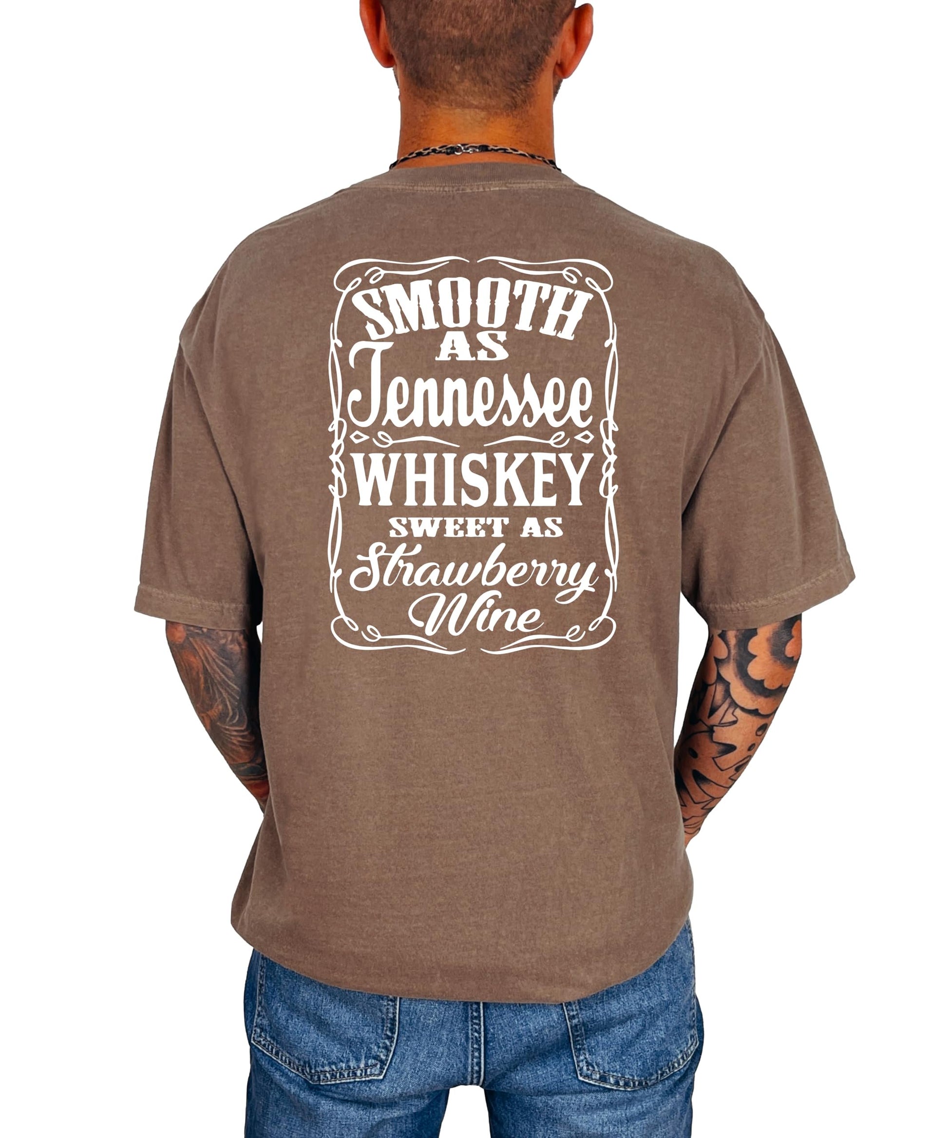 Back design of Tennessee Whiskey country graphic t-shirt showing full text