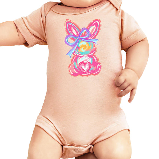 Detail shot of professional ink-printed watercolor bunny on newborn bodysuit