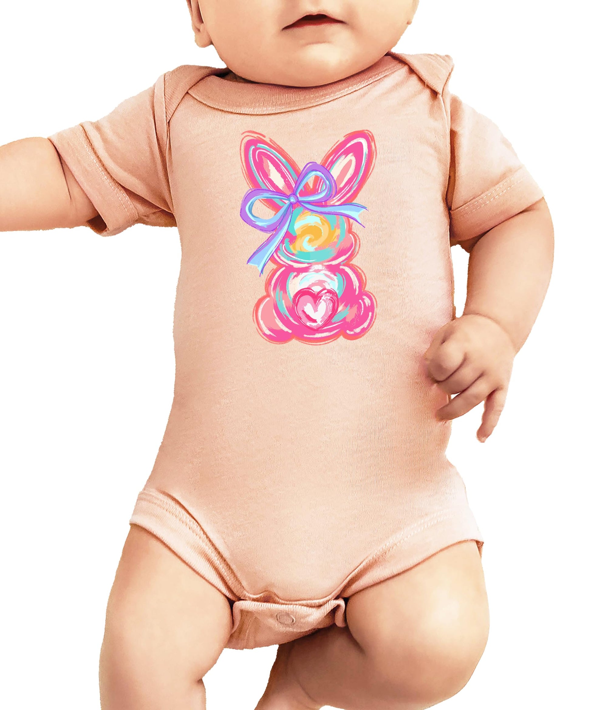 Detail shot of professional ink-printed watercolor bunny on newborn bodysuit