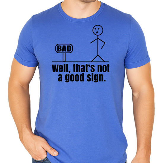 Men's gray heather t-shirt with punny bad sign graphic displayed on model