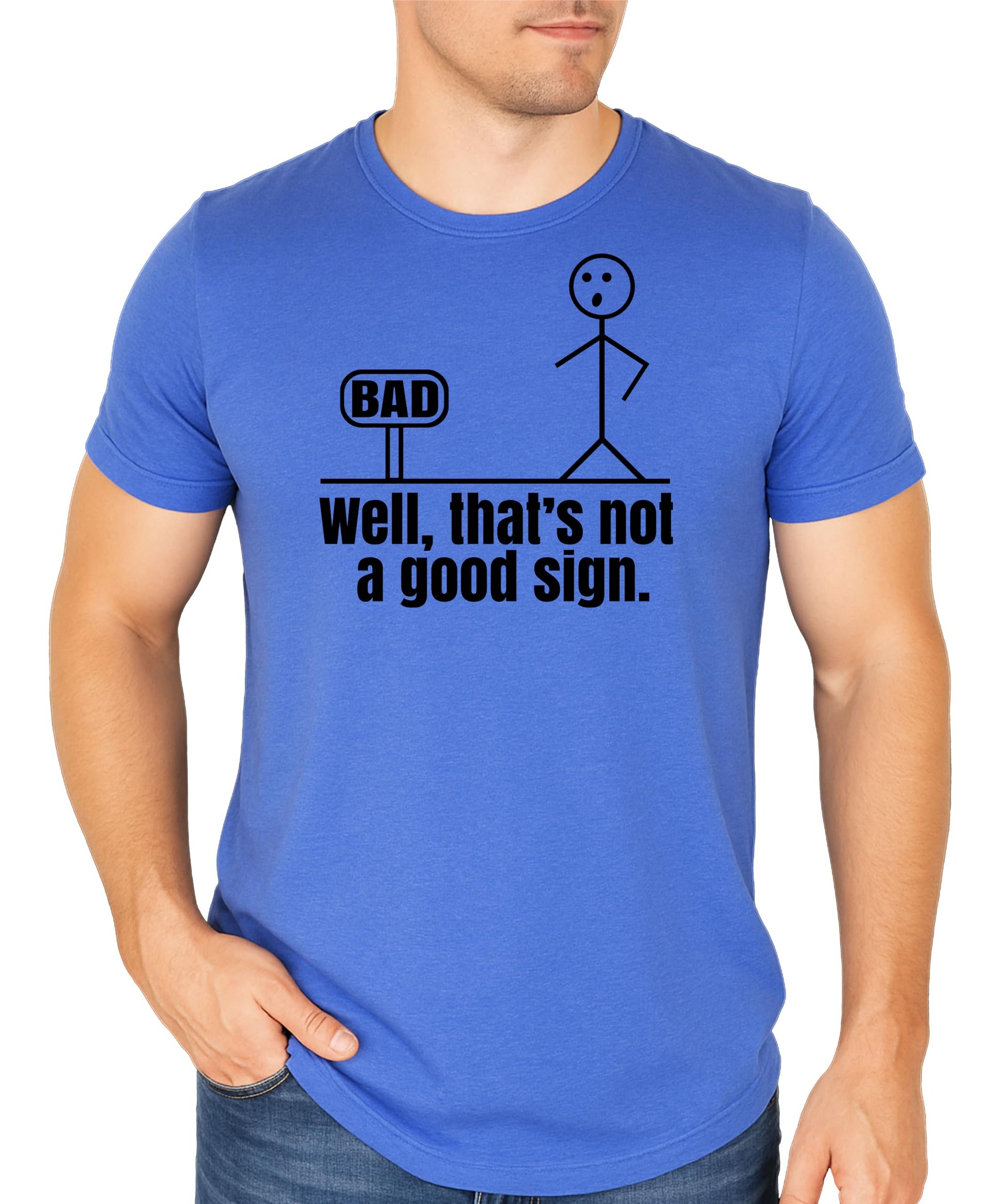 Men's gray heather t-shirt with punny bad sign graphic displayed on model