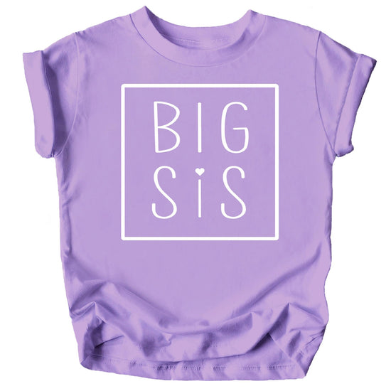 Toddler girl wearing purple Big Sis sibling announcement shirt from Olive Loves Apple