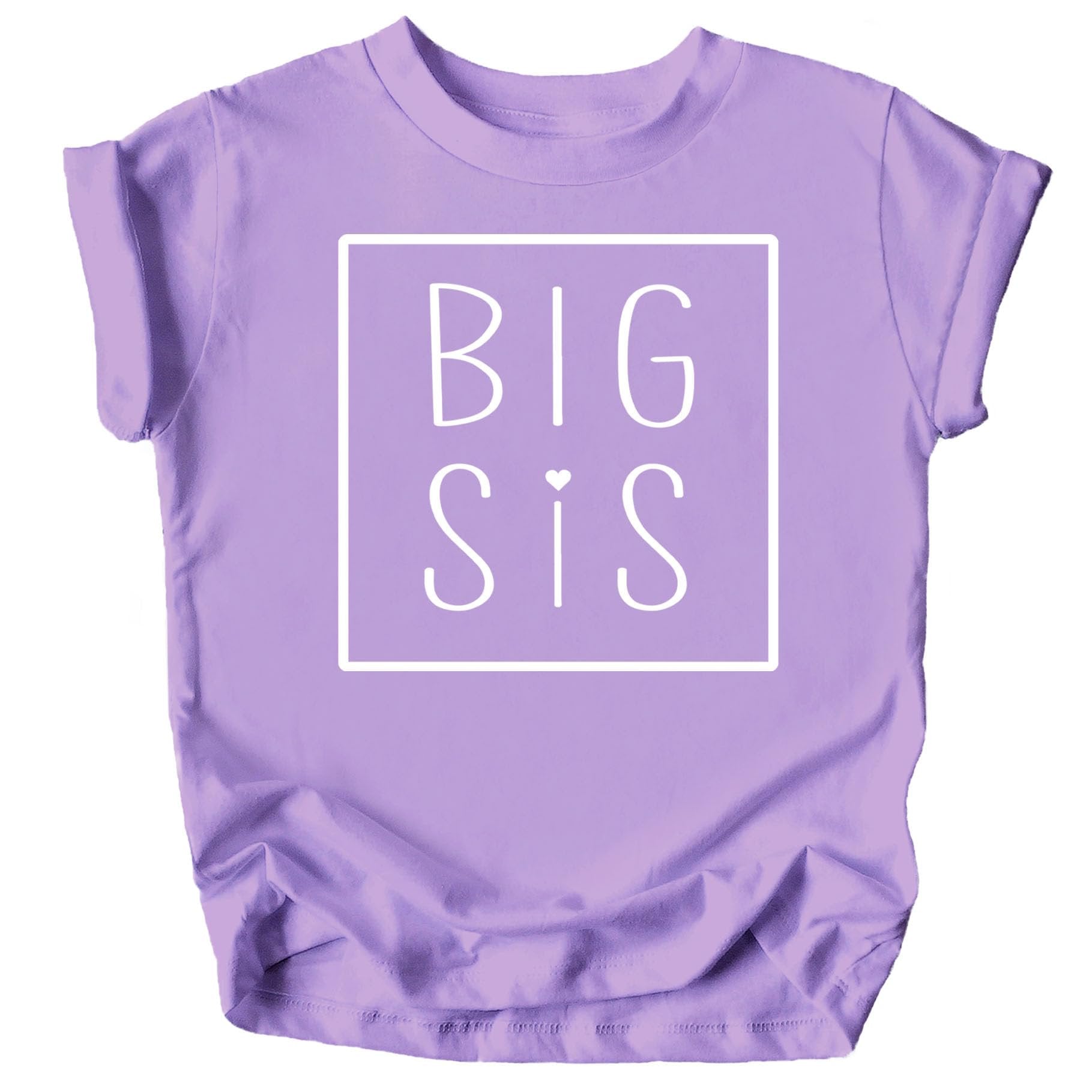 Toddler girl wearing purple Big Sis sibling announcement shirt from Olive Loves Apple