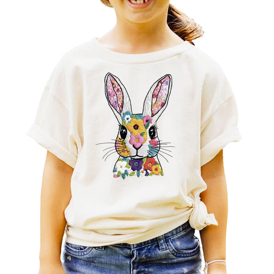Mauve Easter bunny floral embroidery t-shirt with spring flowers design for women