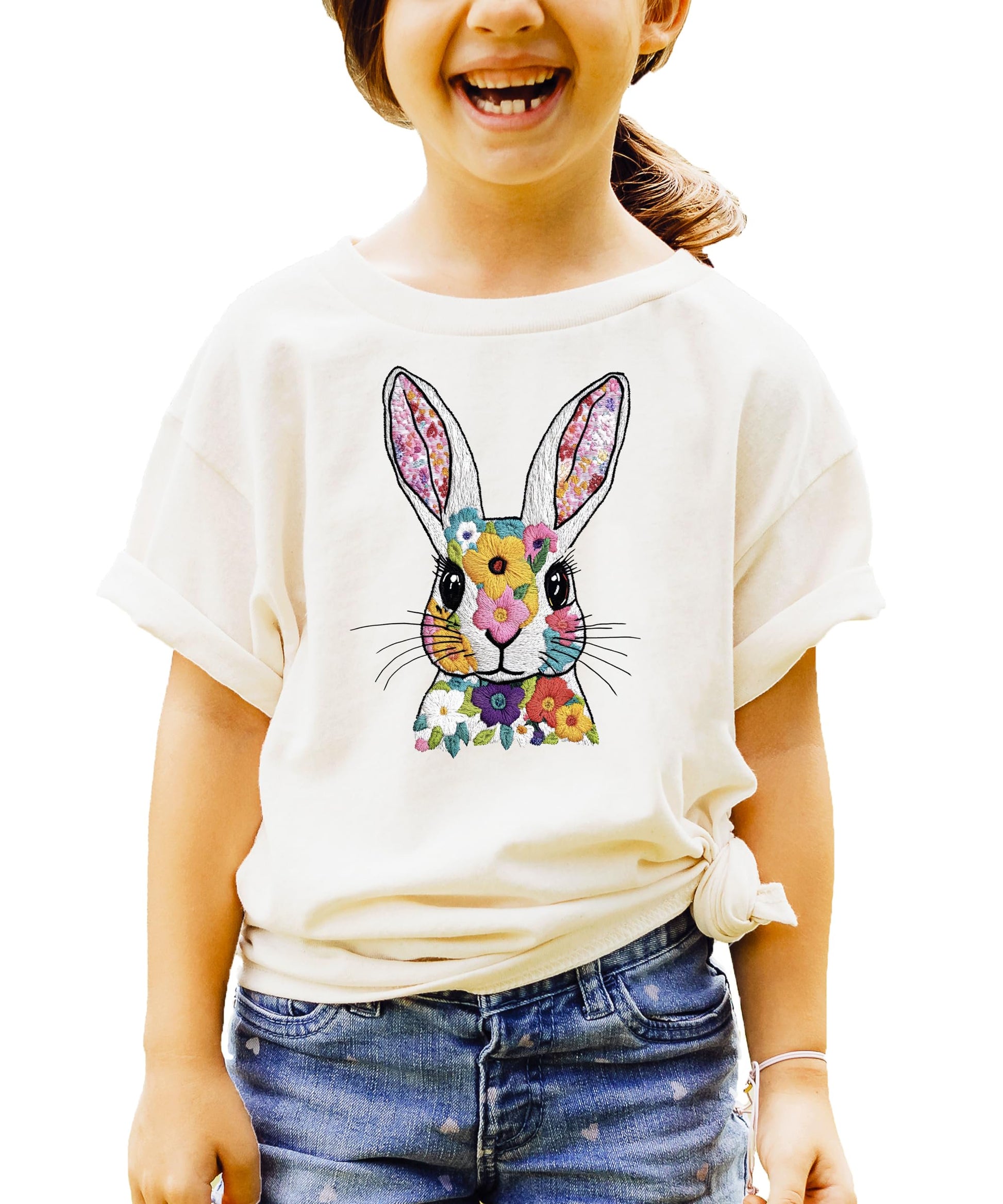 Mauve Easter bunny floral embroidery t-shirt with spring flowers design for women