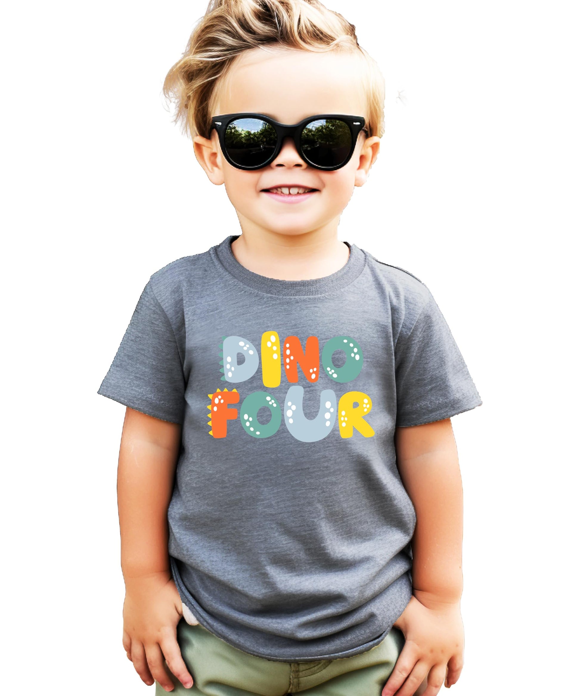 Child wearing Dino Four 4th birthday graphic tee in royal blue