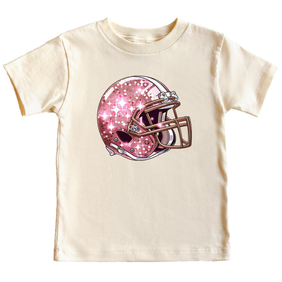 Girls youth tee with faux glitter pink football helmet graphic on natural fabric