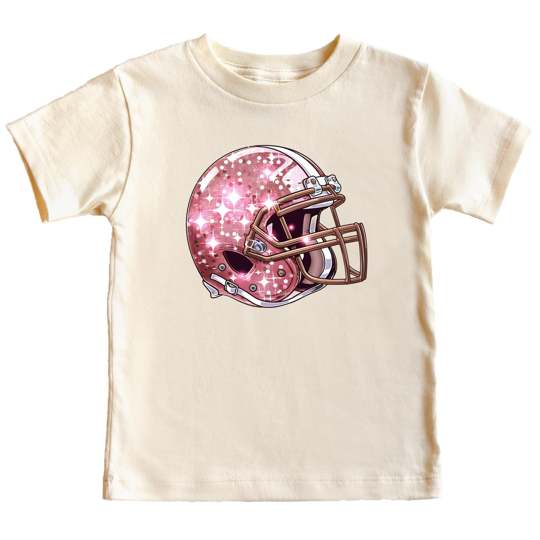 Girls youth tee with faux glitter pink football helmet graphic on natural fabric
