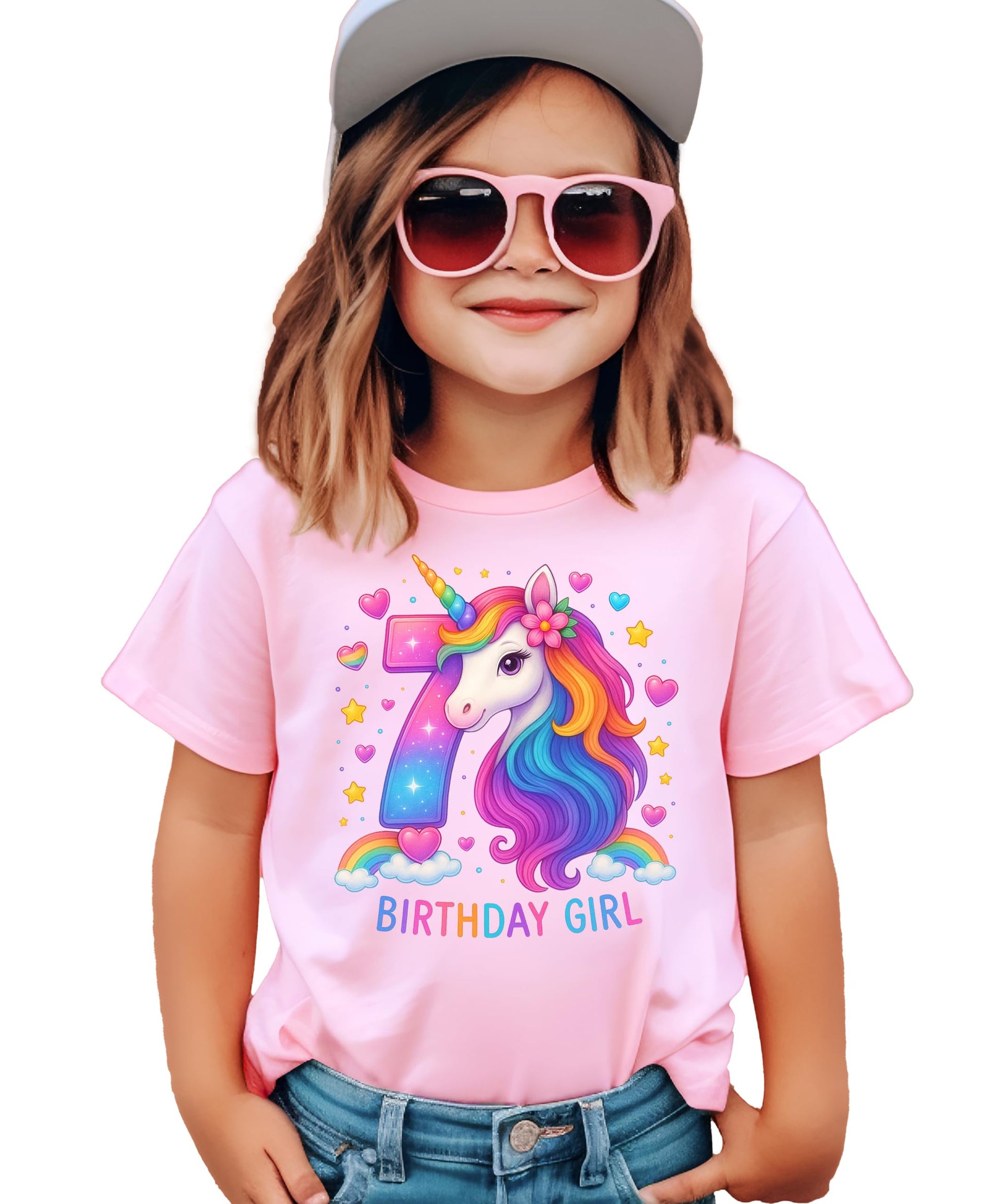 Side or back view of girls pink 7th birthday unicorn graphic shirt